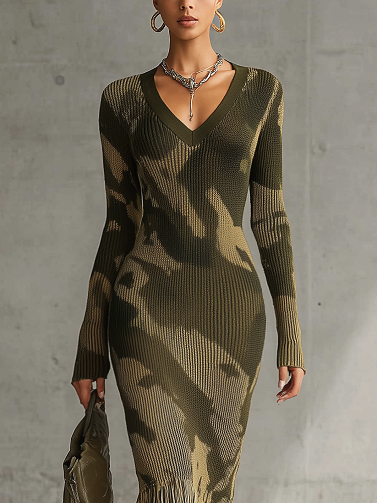 Yohers Olive Camo Knit V-Neck Fringe Hem Bodycon Dress