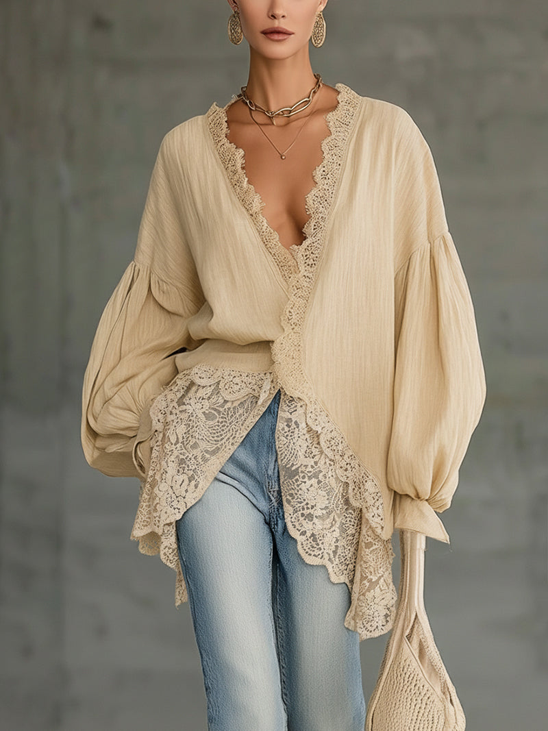 Beige Lace-Trim Wrap Blouse With Balloon Sleeves